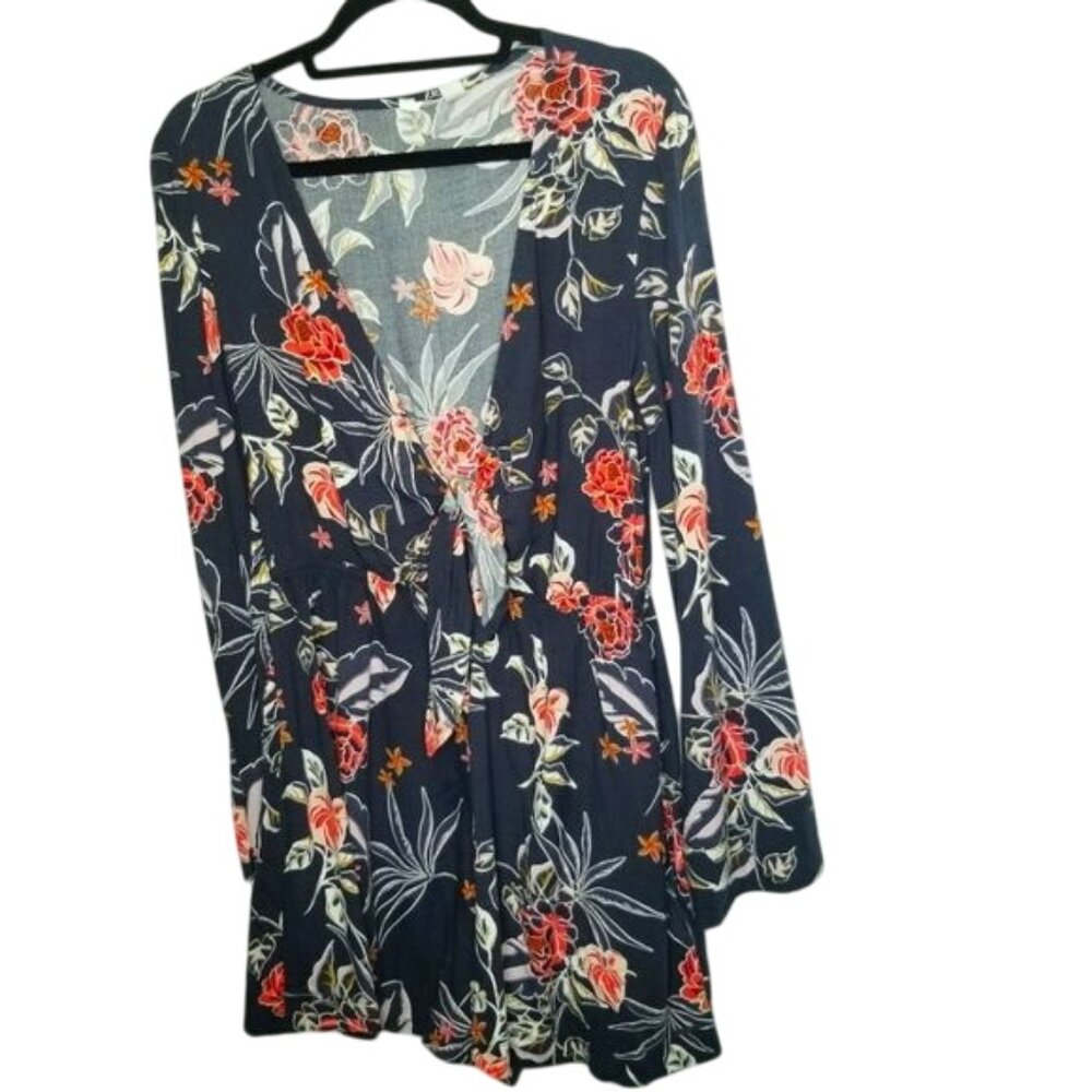 Roxy Womens Floral Long Sleeve‎ Romper With Tie Chest & V-Neck Navy/Multicolor M